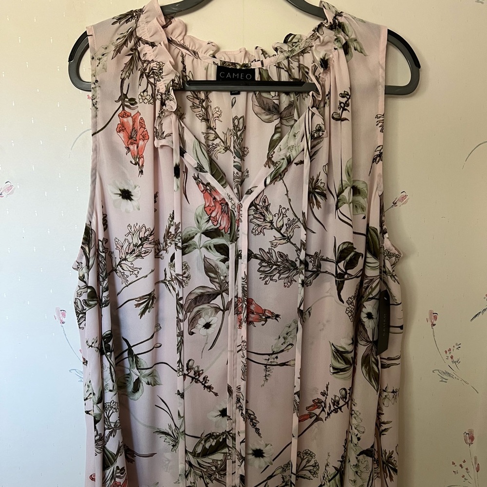 Pale pink with olive green accents ruffle neck. Will need to wear with a cami.